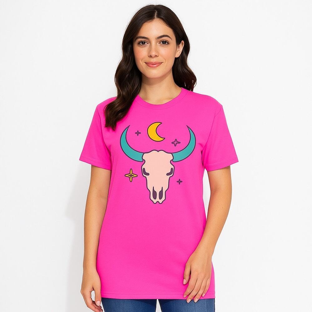 NEW Gilda Cotton Hot Pink Skull Graphic Tee Southwest Vibe Moon‎ Star Western